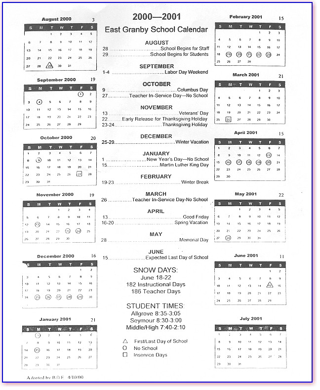 East Granby School Calendar